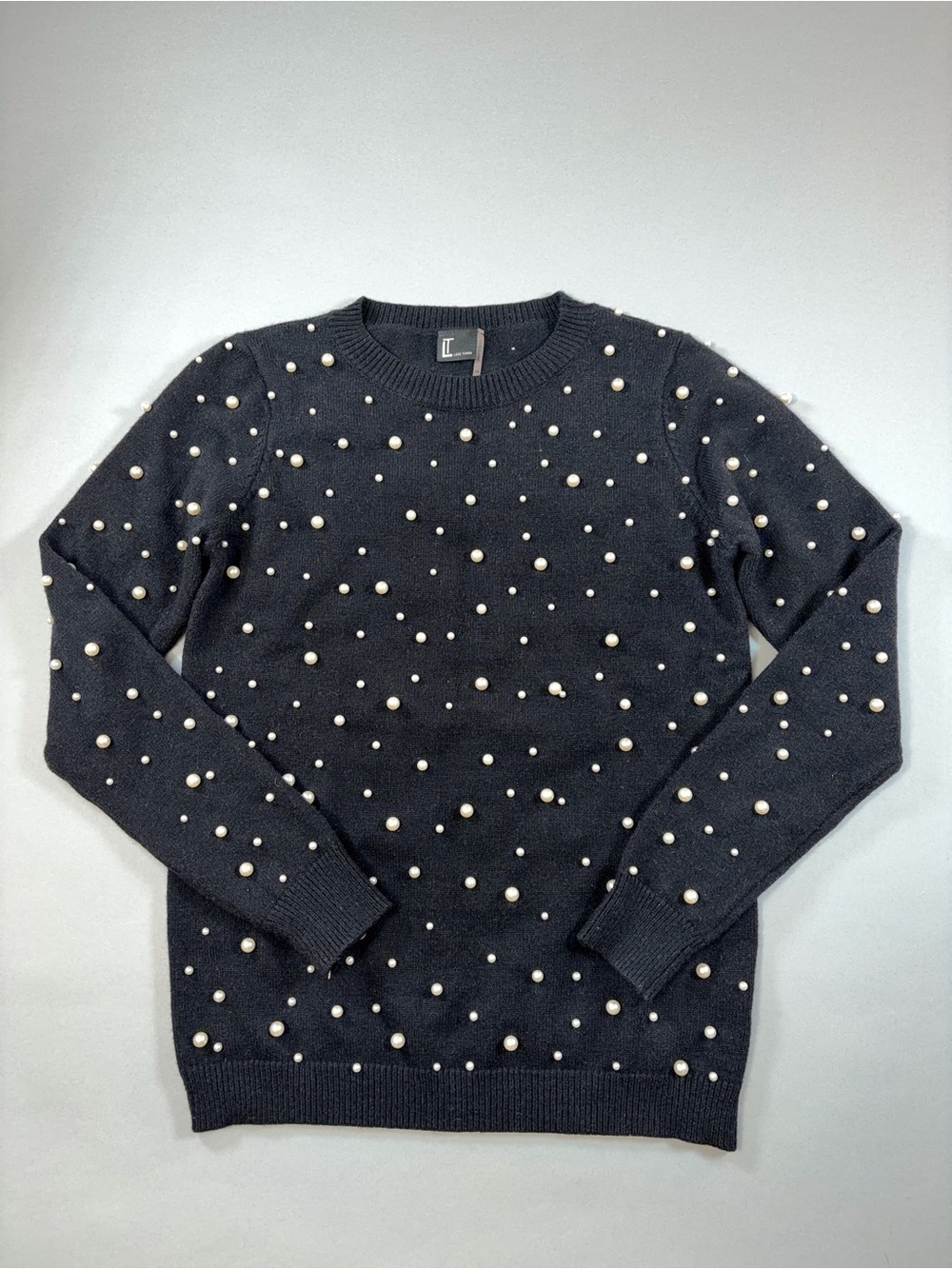Love Token Bradley Black Faux Pearl Embellished Crewneck Sweater M